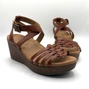 VIONIC Clarisa Raffia‎ Wedge Sandal Size 9 M Brown Leather Strap Shoe Bohemian